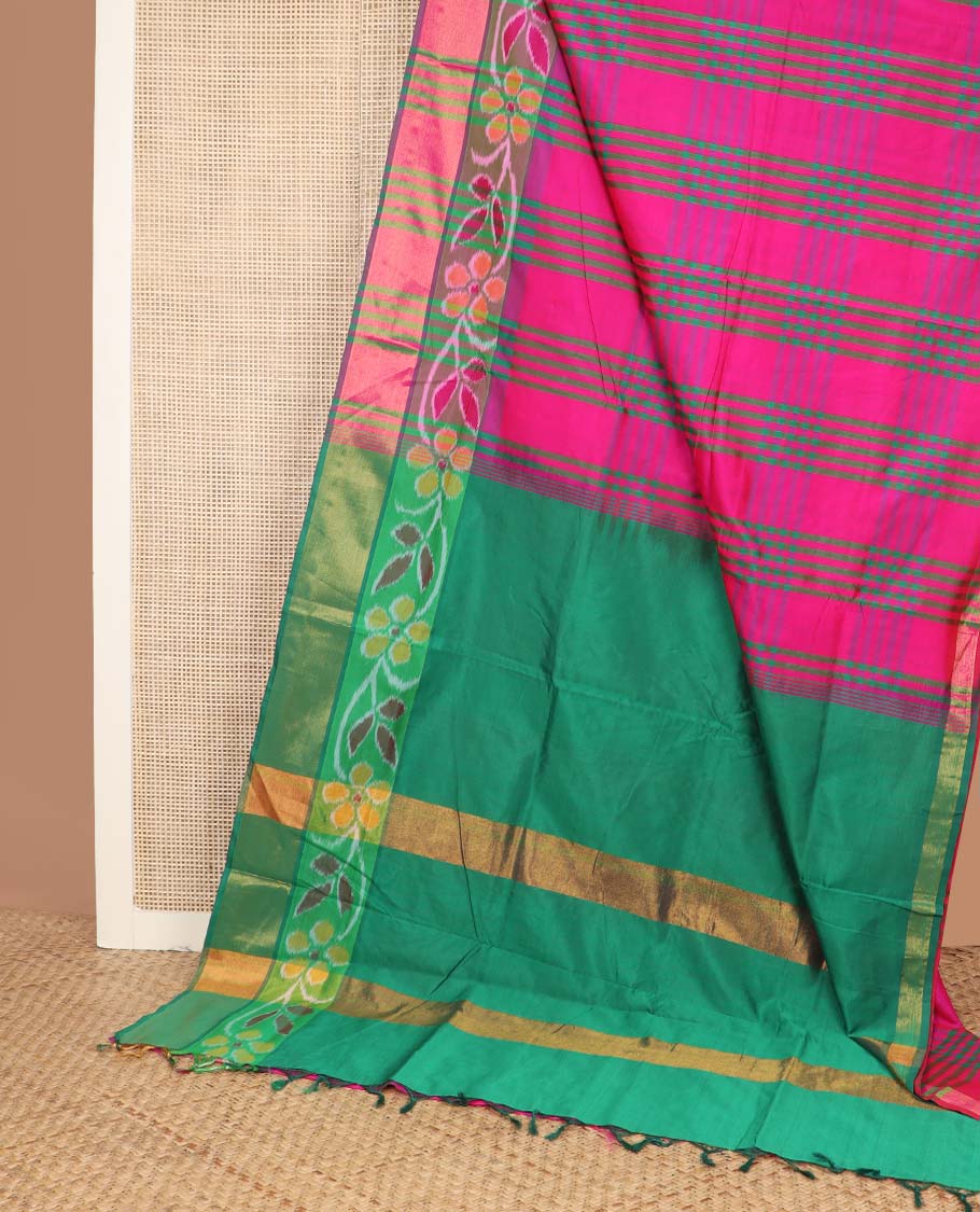 Pink checked design poly cotton saree, floral creeper border, and thick zari striped pallu - Image 2