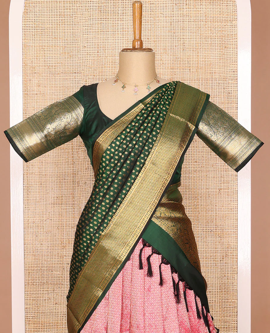 Pink checked floral design readymade silk half saree with contrast intricate zari design border, floral design blouse & floral design dhavani - Image 3