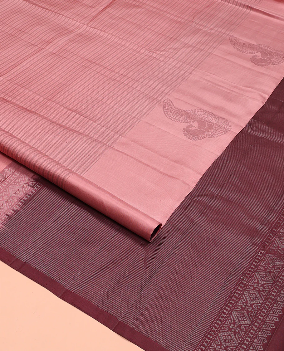 Pink checked Kanchipuram silk saree, self-border of mayil motifs, and contrast pallu of stripes - Image 2