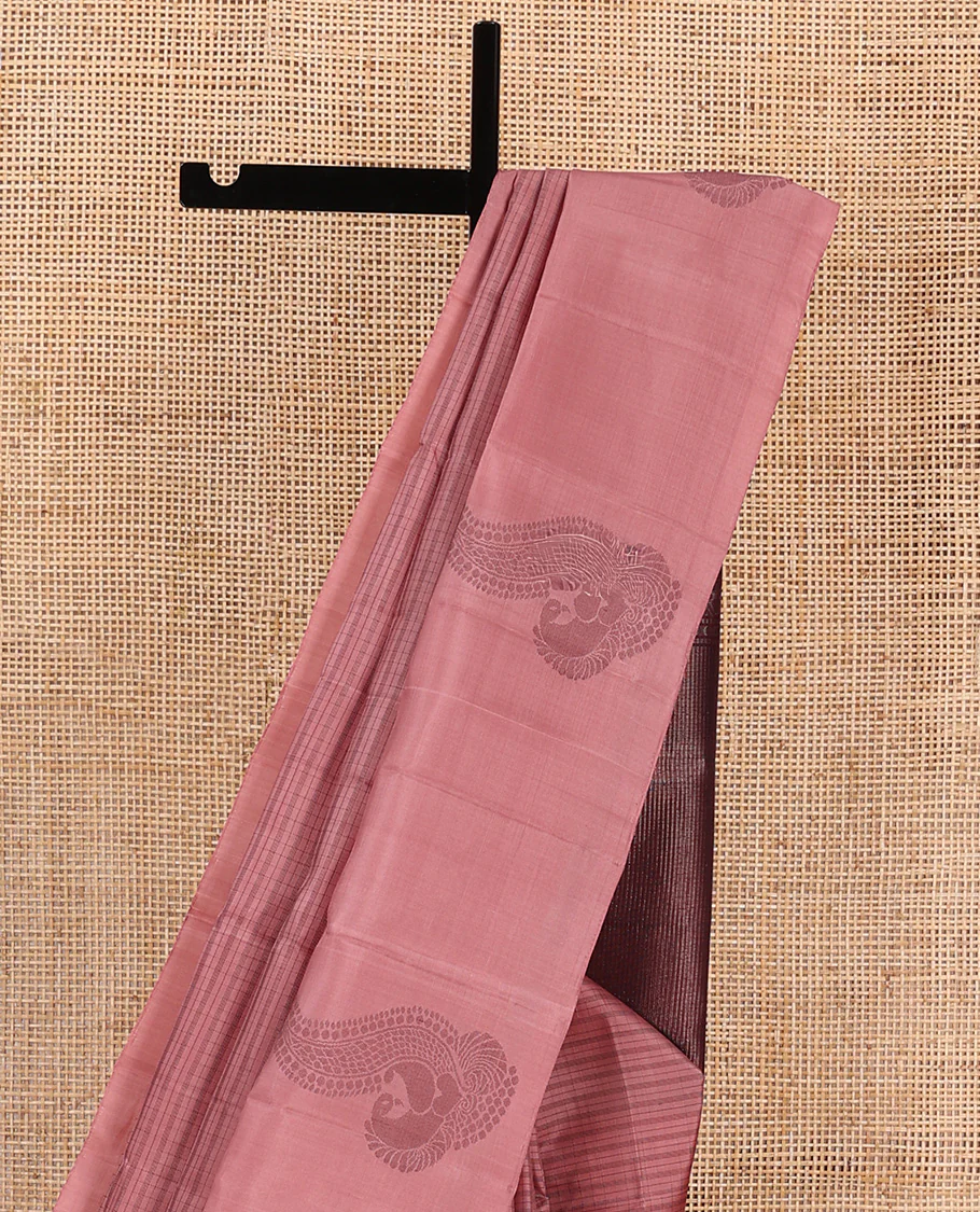 Pink checked Kanchipuram silk saree, self-border of mayil motifs, and contrast pallu of stripes - Image 3