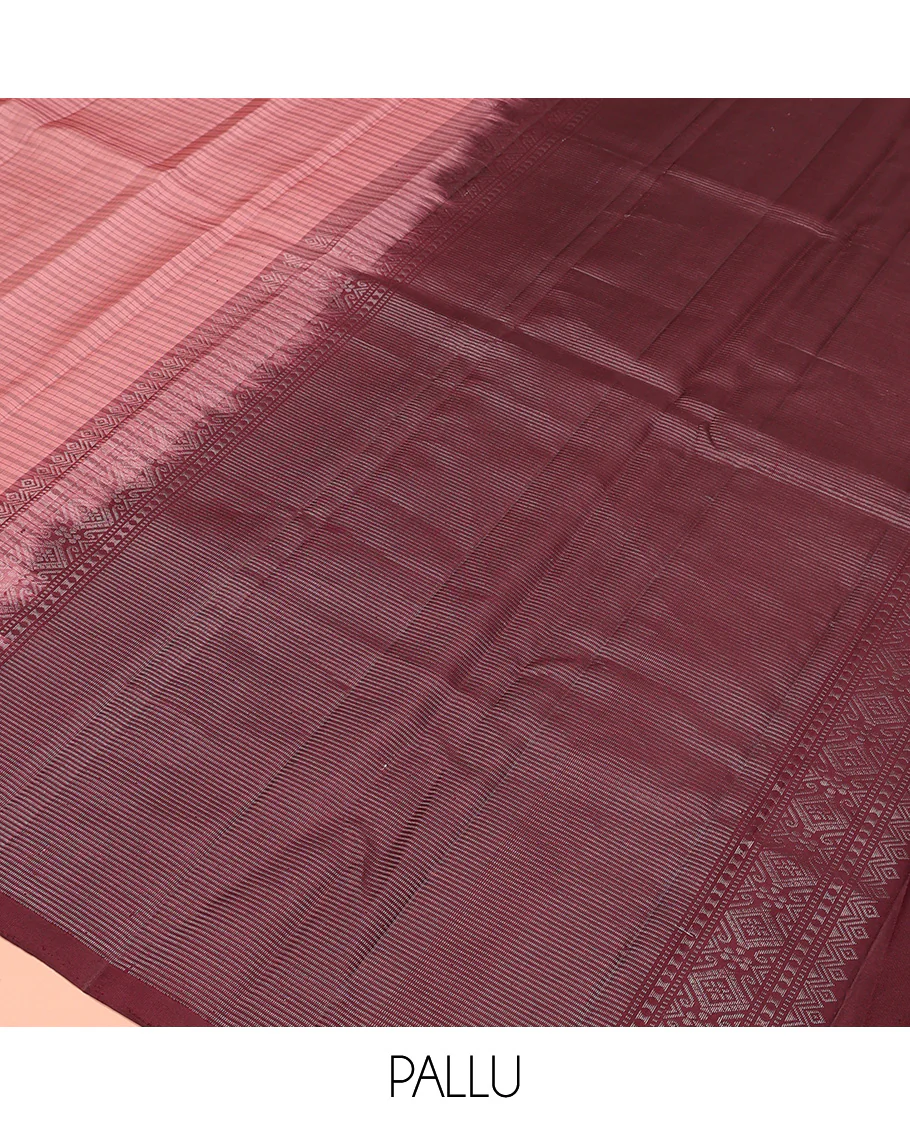 Pink checked Kanchipuram silk saree, self-border of mayil motifs, and contrast pallu of stripes - Image 5