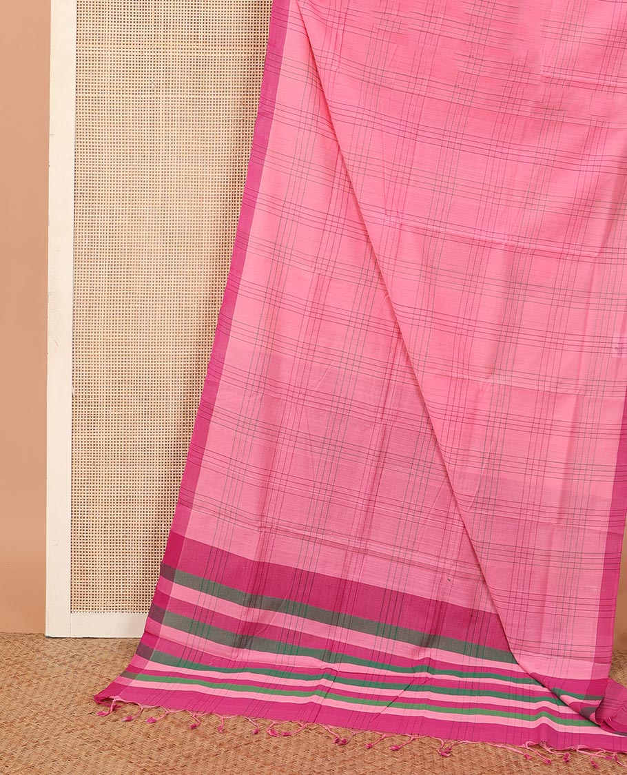 Pink checked Mangalagiri cotton saree, contrast striped border, and multi-color striped pallu - Image 2