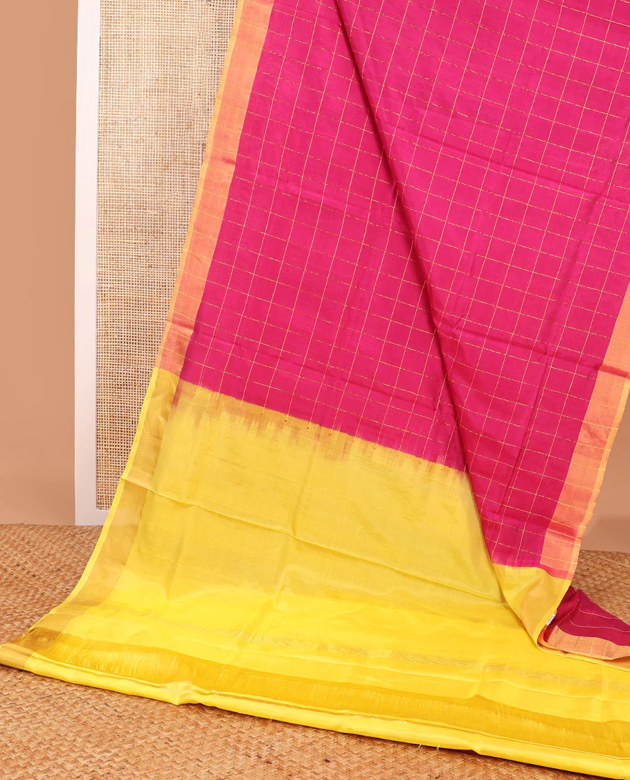 Pink checked uppada saree with contrast plain border & striped pallu - Image 2
