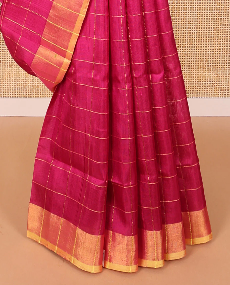 Pink checked uppada saree with contrast plain border & striped pallu - Image 5