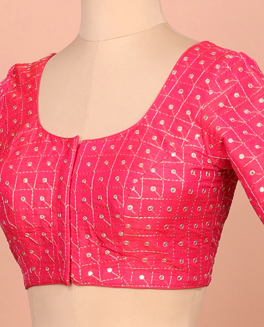 Pink checks thread embroidered front and back round-neck elbow sleeve readymade blouse - Image 2