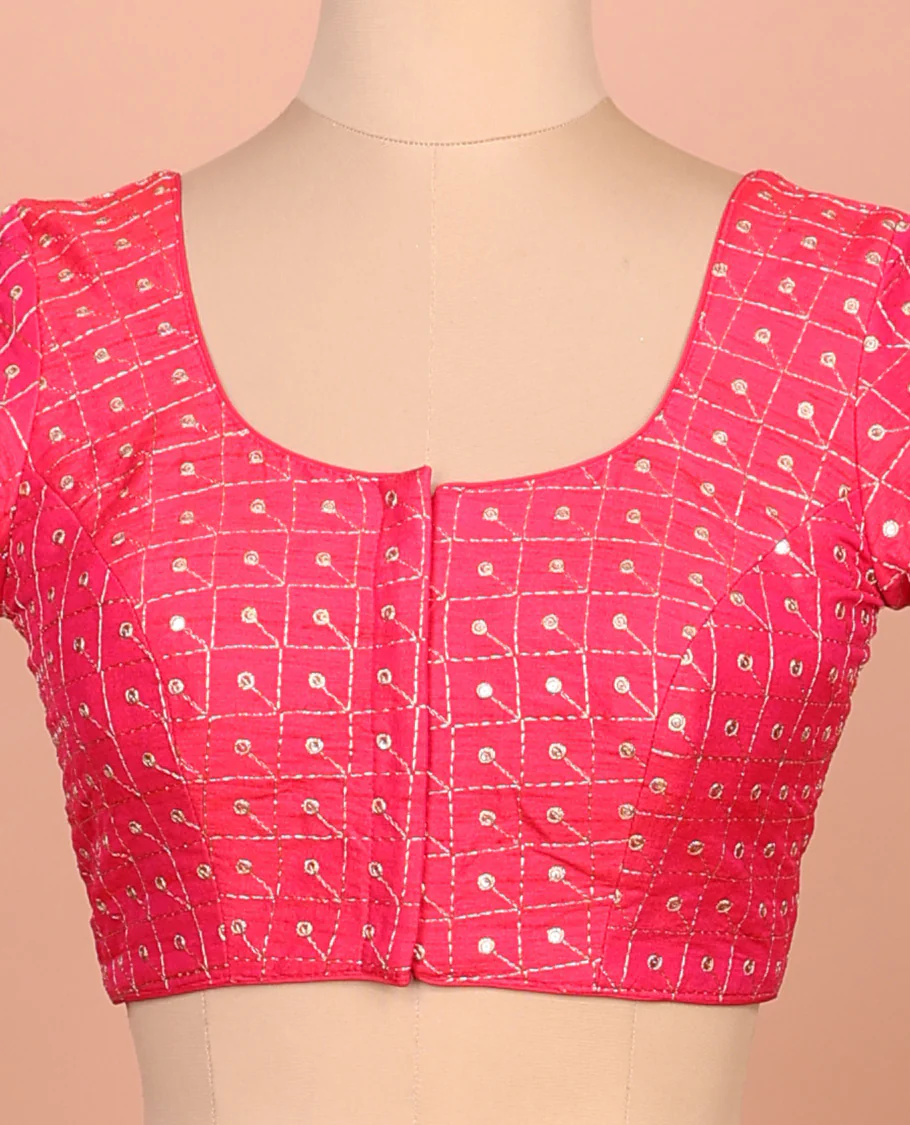 Pink checks thread embroidered front and back round-neck elbow sleeve readymade blouse - Image 3