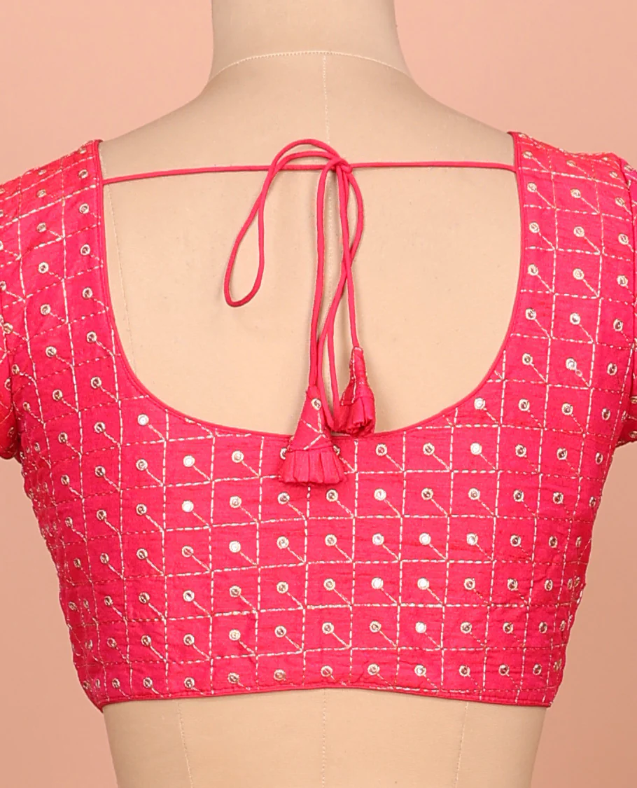 Pink checks thread embroidered front and back round-neck elbow sleeve readymade blouse - Image 4