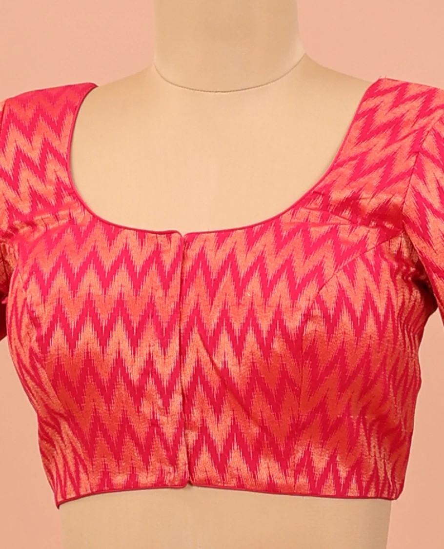 Pink chevron striped front-back round neck elbow sleeve readymade blouse - Image 2