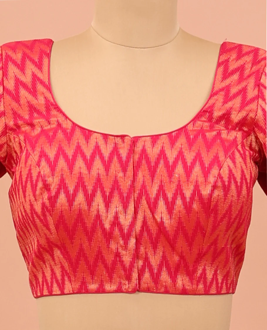 Pink chevron striped front-back round neck elbow sleeve readymade blouse - Image 3