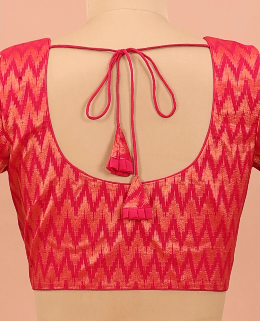 Pink chevron striped front-back round neck elbow sleeve readymade blouse - Image 4
