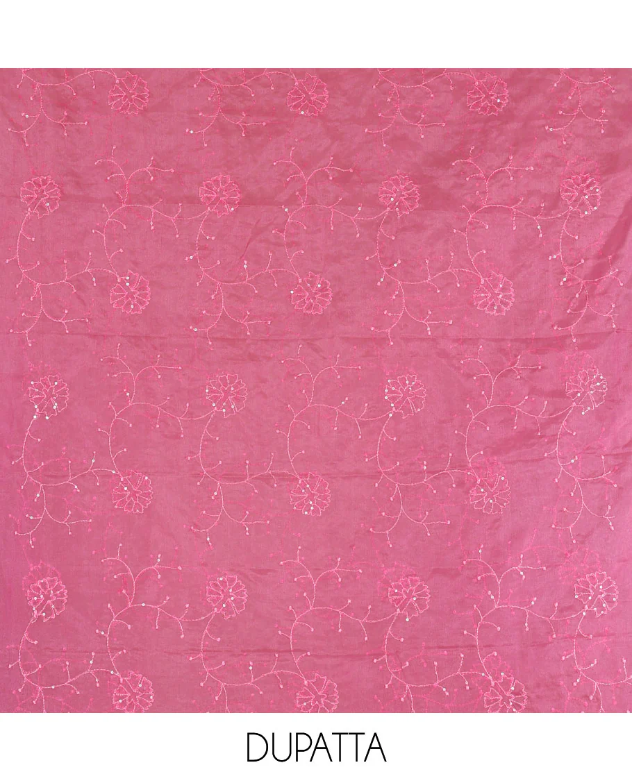Pink churidar material set, floral print with thread outlined organza top, plain santoon bottom, and floral vine sequins embroidered organza dupatta - Image 2