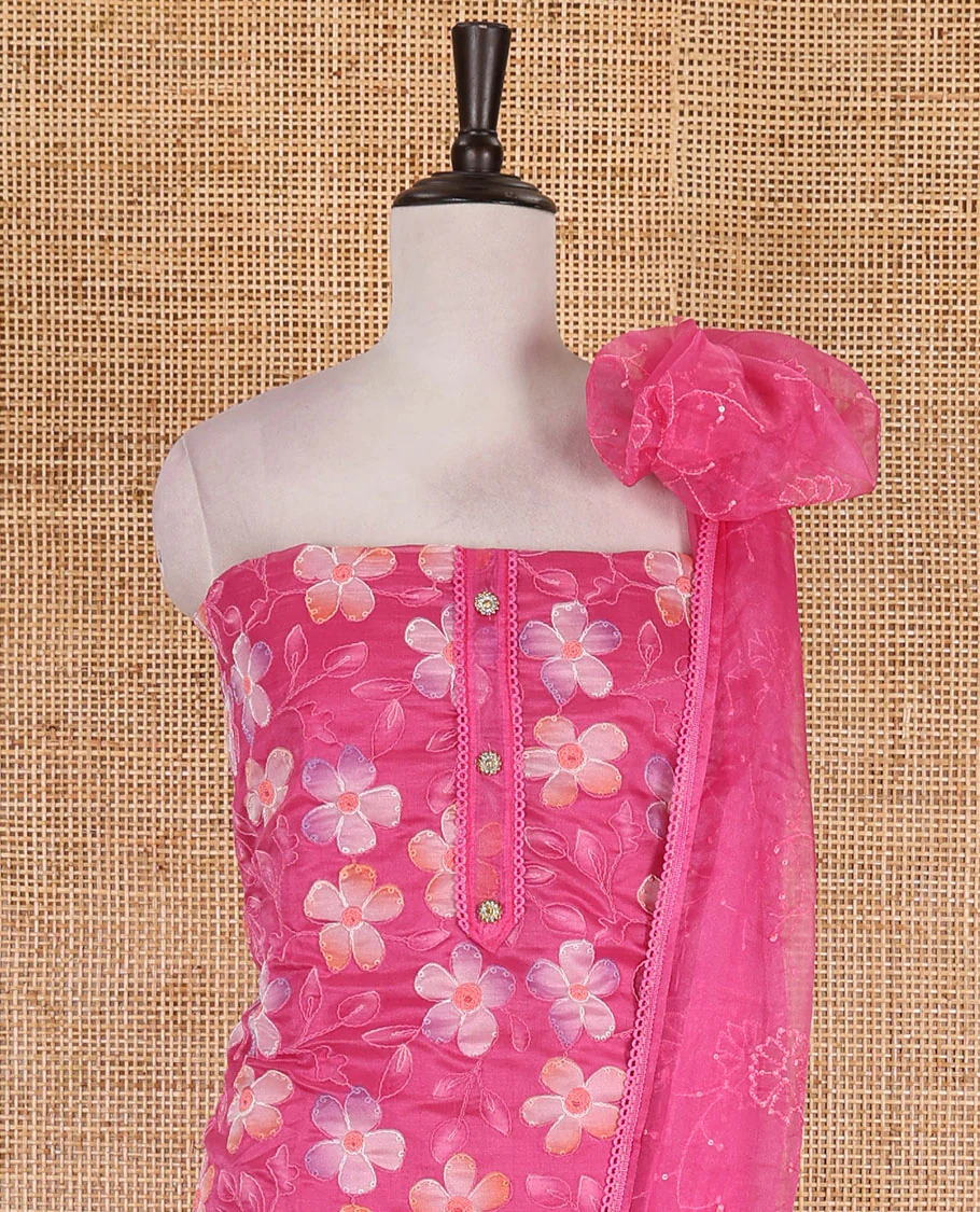Pink churidar material set, floral print with thread outlined organza top, plain santoon bottom, and floral vine sequins embroidered organza dupatta - Image 3