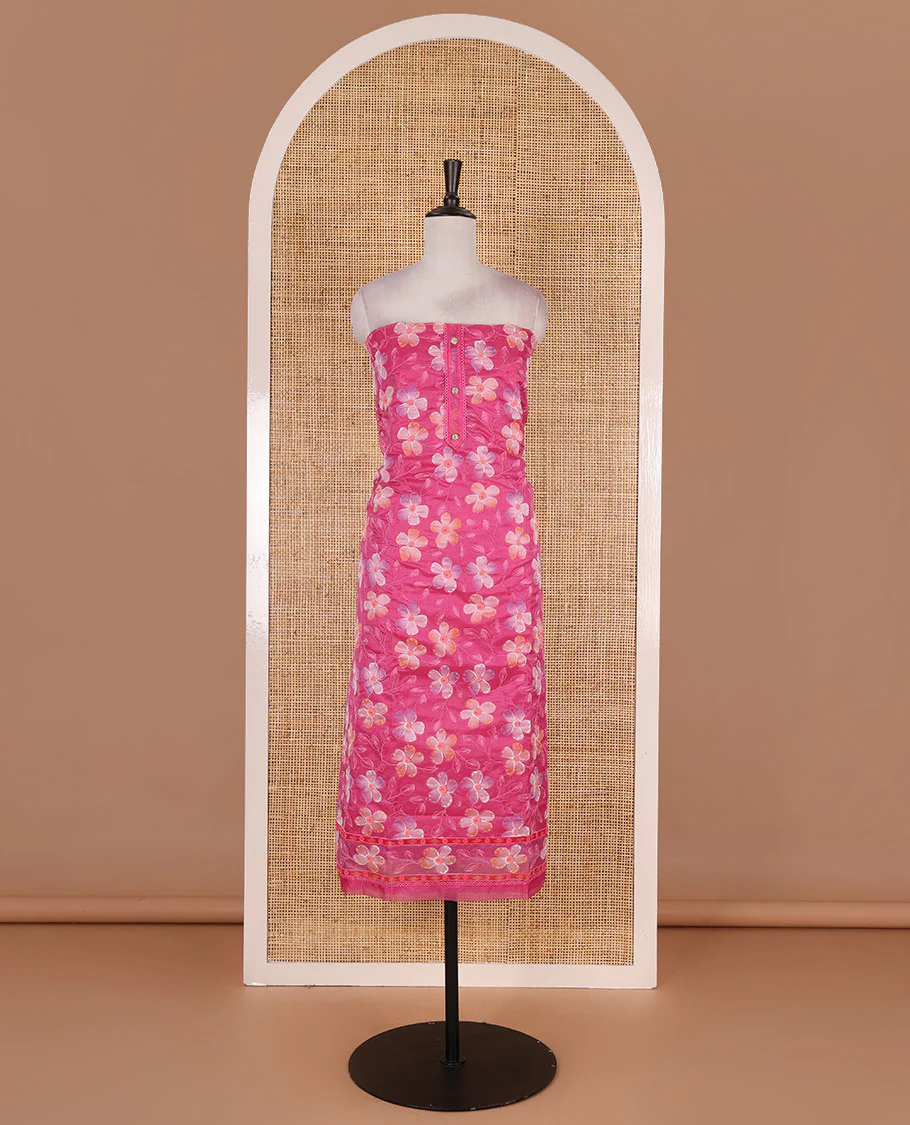 Pink churidar material set, floral print with thread outlined organza top, plain santoon bottom, and floral vine sequins embroidered organza dupatta - Image 4