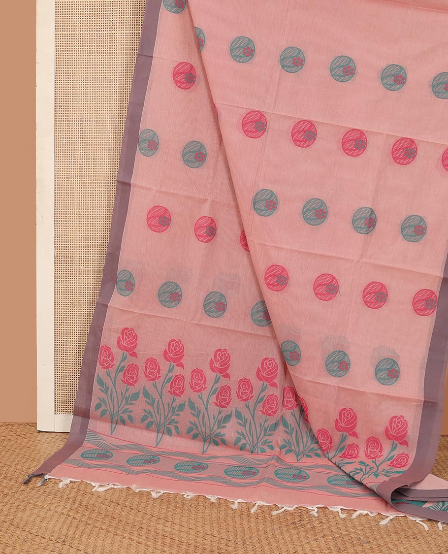 Pink circle buttas Kanchi cotton saree, contrast plain border, and rose floral design pallu - Image 2