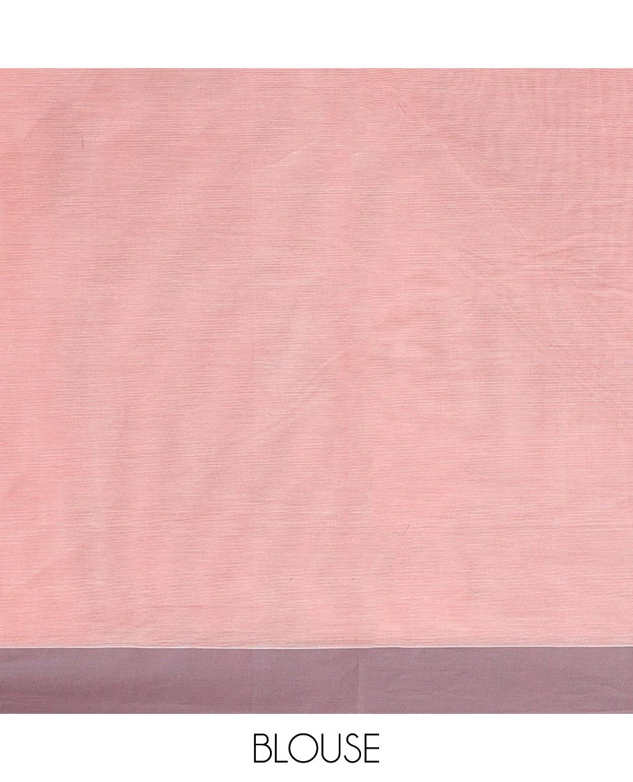 Pink circle buttas Kanchi cotton saree, contrast plain border, and rose floral design pallu - Image 3