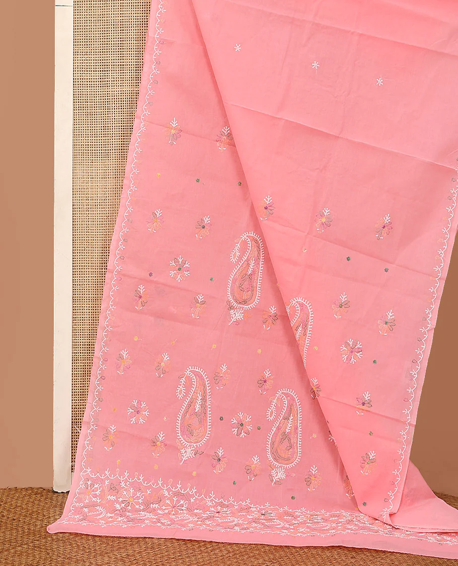 Pink colorful embroidered buttas Lucknowi chikankari saree, thread embroidered border, and floral-paisley motifs embroidered pallu - Image 2