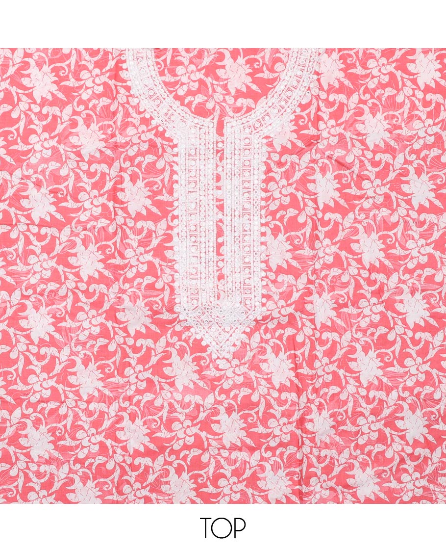 Pink cotton material churidar set, floral printed with neck embroidered top, tiger skin style printed bottom, and dupatta of floral and animal print - Image 2