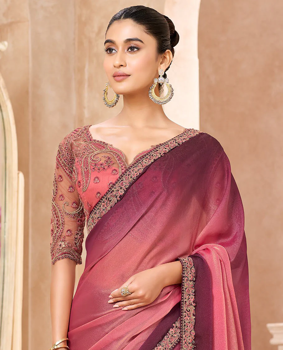 Pink Designer Saree Featuring Ombre-Color Dyed All Over the Saree, Elegantly Highlighted with Embroidered Border, and Comes with a Contrast Intricately Embroidered Blouse - Image 2