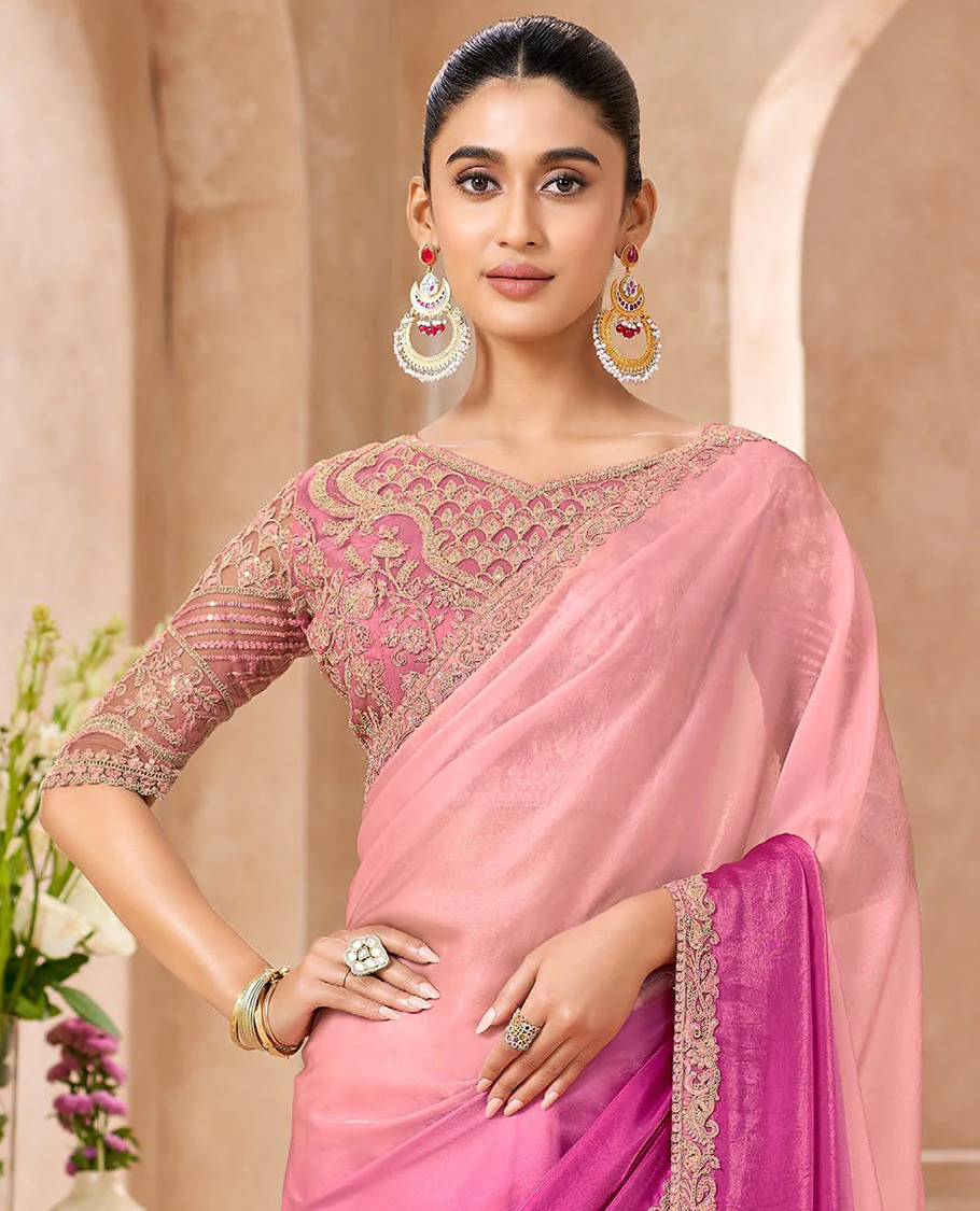 Pink Designer Saree Featuring Ombre-Color Dyed All Over the Saree, Elevated with Floral Embroidered Scallop Border, and Comes with a Contrast Floral Embroidered Blouse - Image 2