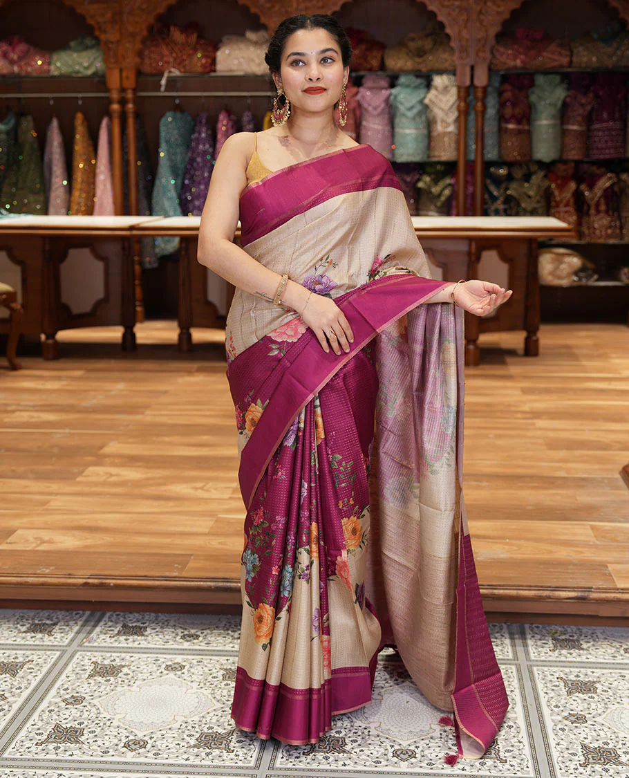 Pink diagonal floral striped digital printed fancy tussar saree, contrast striped border, zari design pallu, and a contrast floral printed blouse
