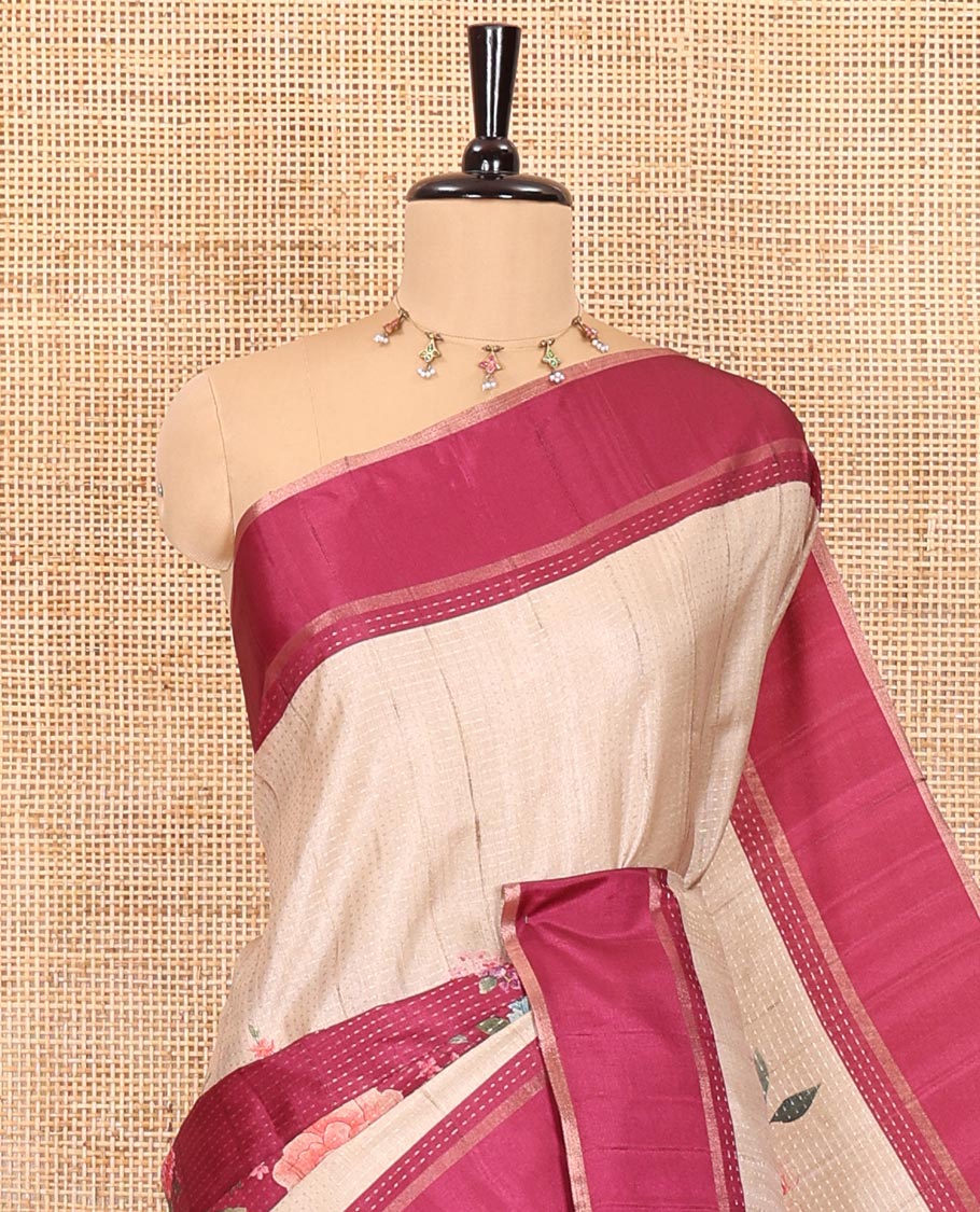 Pink diagonal floral striped digital printed fancy tussar saree, contrast striped border, zari design pallu, and a contrast floral printed blouse - Image 5