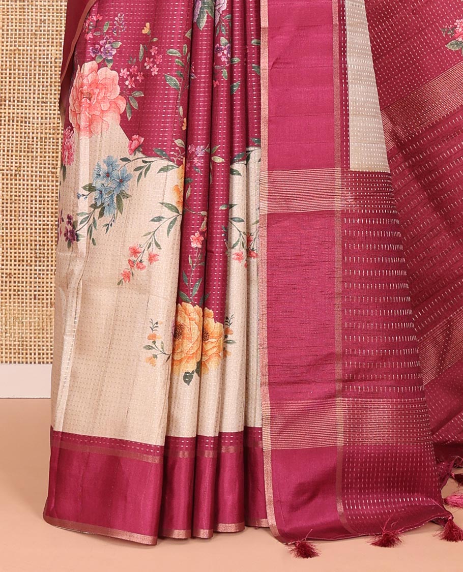 Pink diagonal floral striped digital printed fancy tussar saree, contrast striped border, zari design pallu, and a contrast floral printed blouse - Image 6