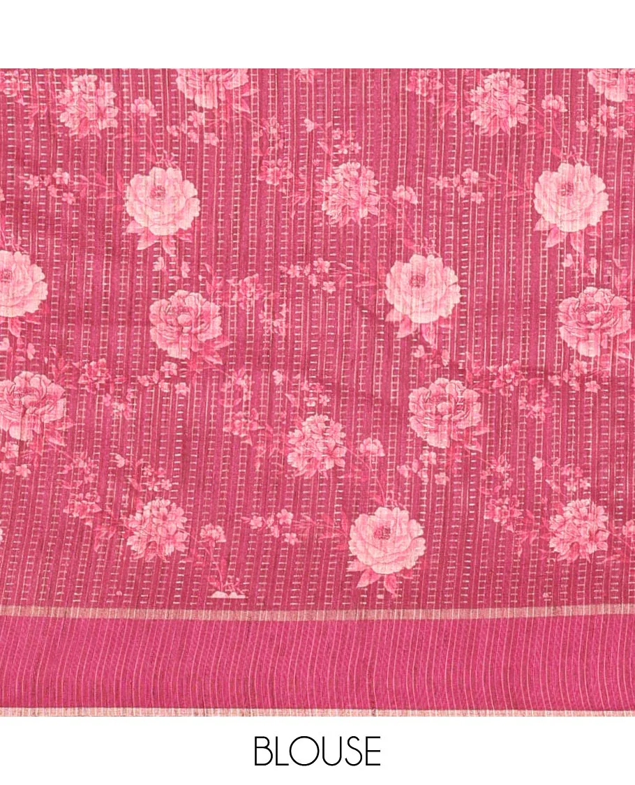 Pink diagonal floral striped digital printed fancy tussar saree, contrast striped border, zari design pallu, and a contrast floral printed blouse - Image 7