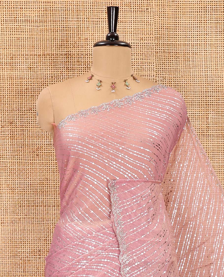Pink diagonal striped foli printed shimmer chiffon saree, scallop jarkan stone work border, self-pallu, and plain blouse - Image 2