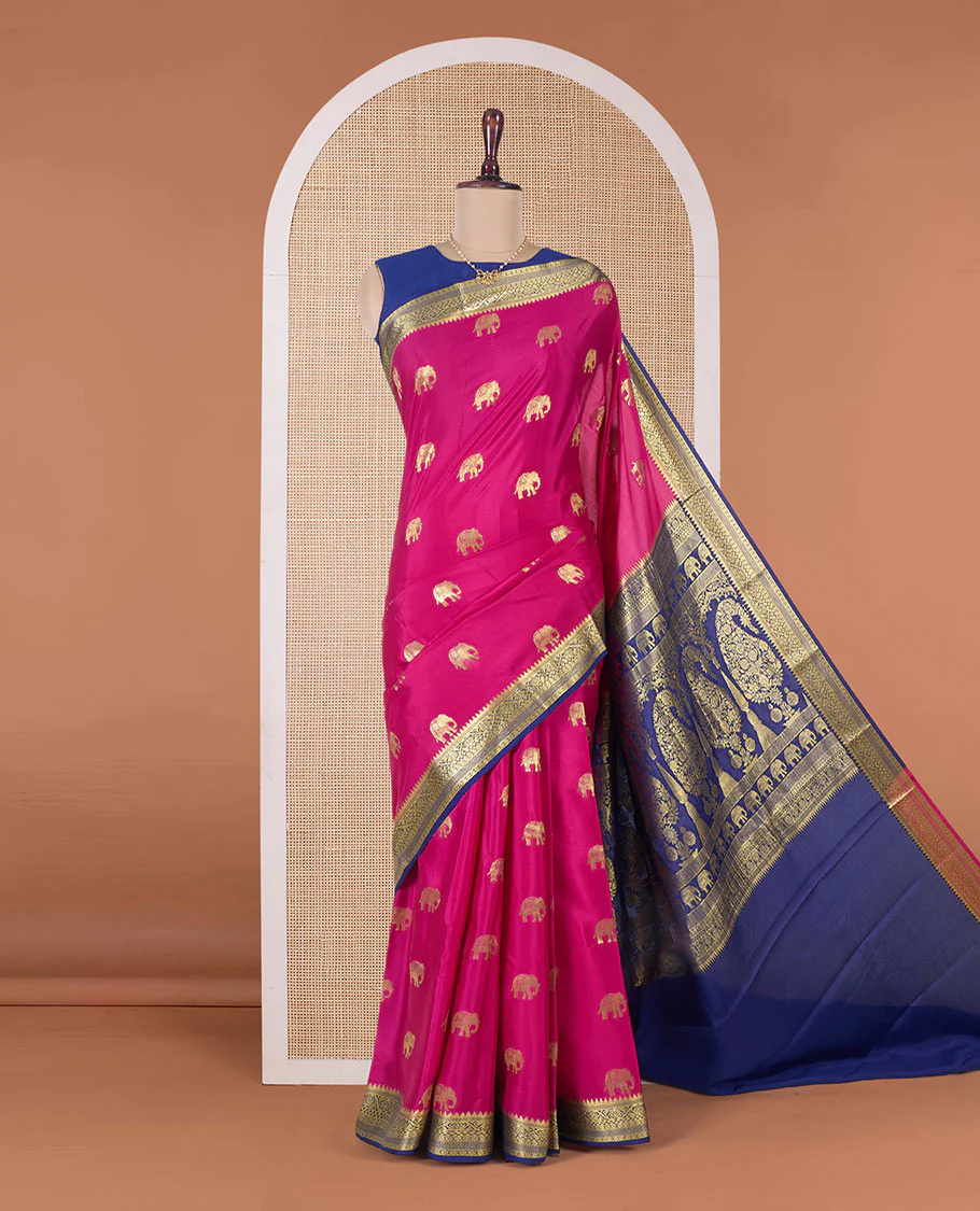 Pink elephant motifs woven Mysore silk saree, contrast traditional zari border, and pallu of big paisley designs - Image 2