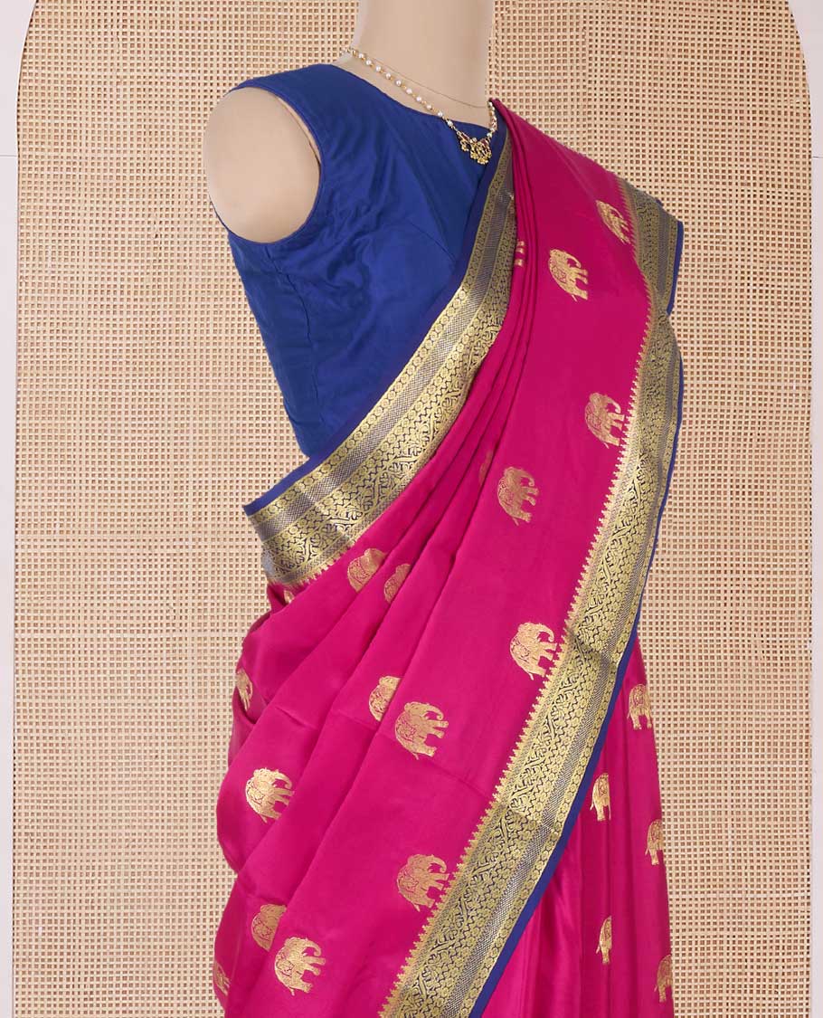 Pink elephant motifs woven Mysore silk saree, contrast traditional zari border, and pallu of big paisley designs - Image 3