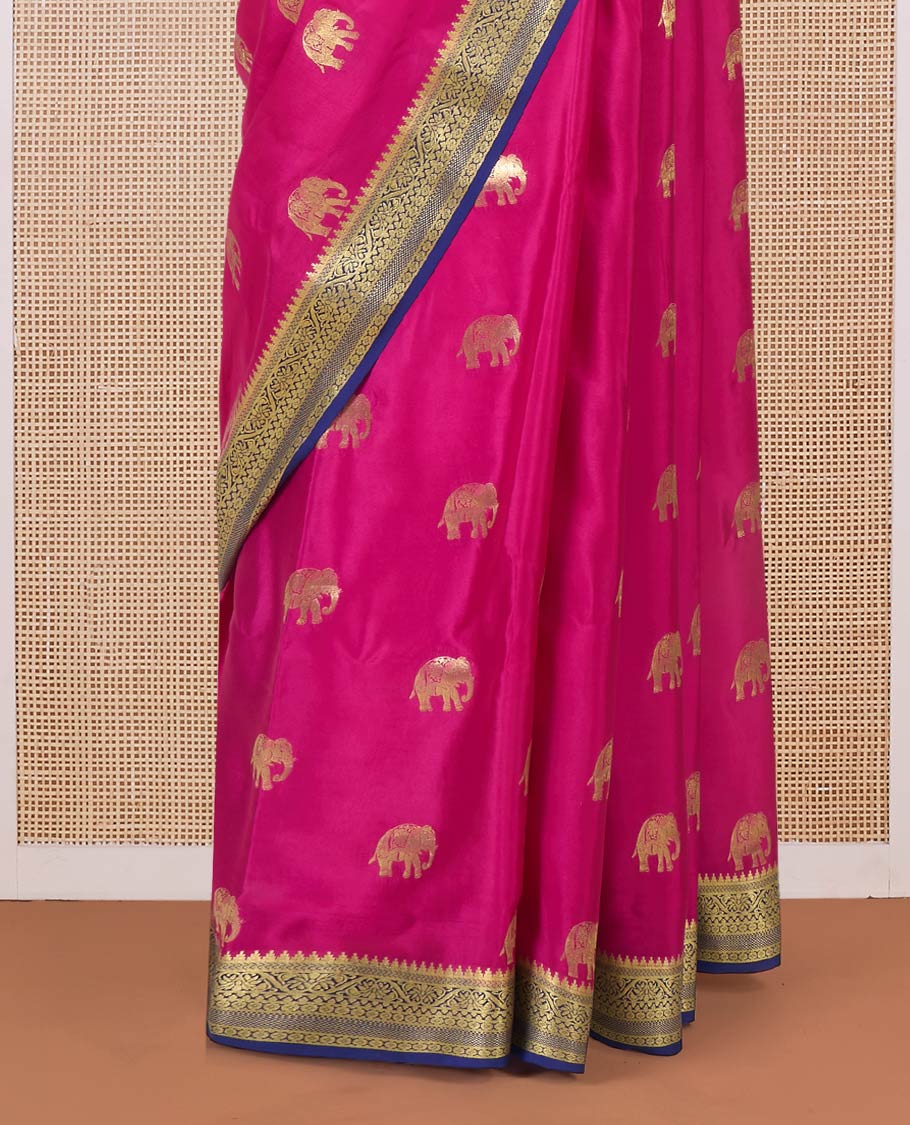 Pink elephant motifs woven Mysore silk saree, contrast traditional zari border, and pallu of big paisley designs - Image 4