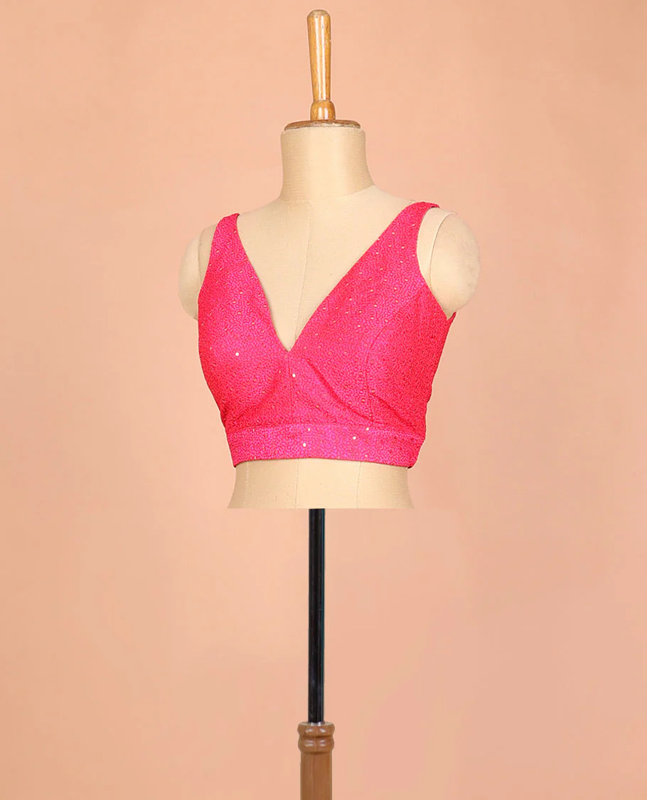 Pink embossed thread embroidery & sequins work sleeveless readymade blouse with deep-V front neck & round back neck