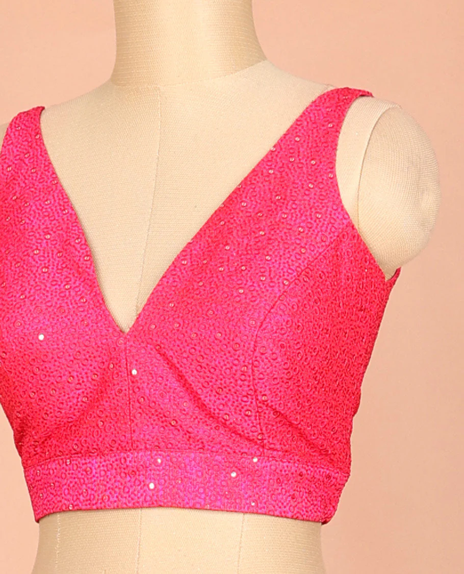 Pink embossed thread embroidery & sequins work sleeveless readymade blouse with deep-V front neck & round back neck - Image 2