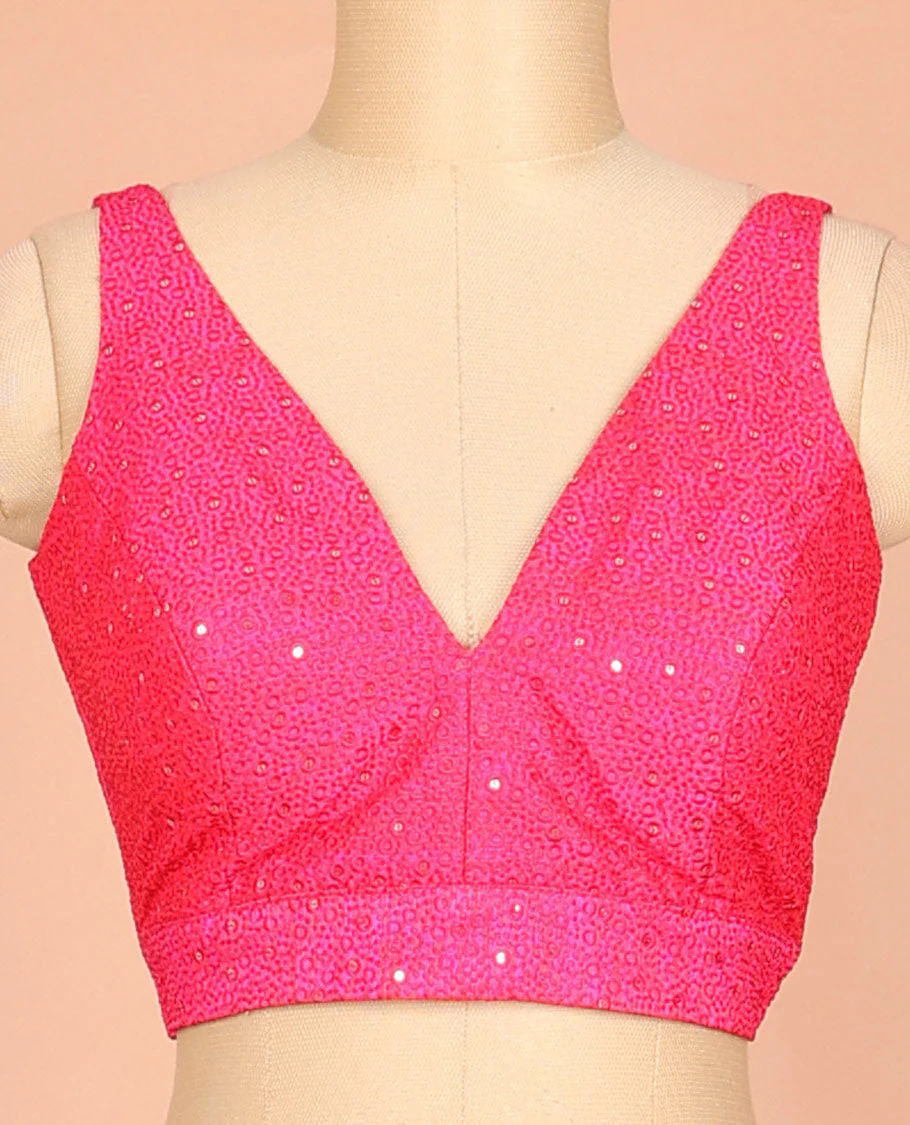 Pink embossed thread embroidery & sequins work sleeveless readymade blouse with deep-V front neck & round back neck - Image 3