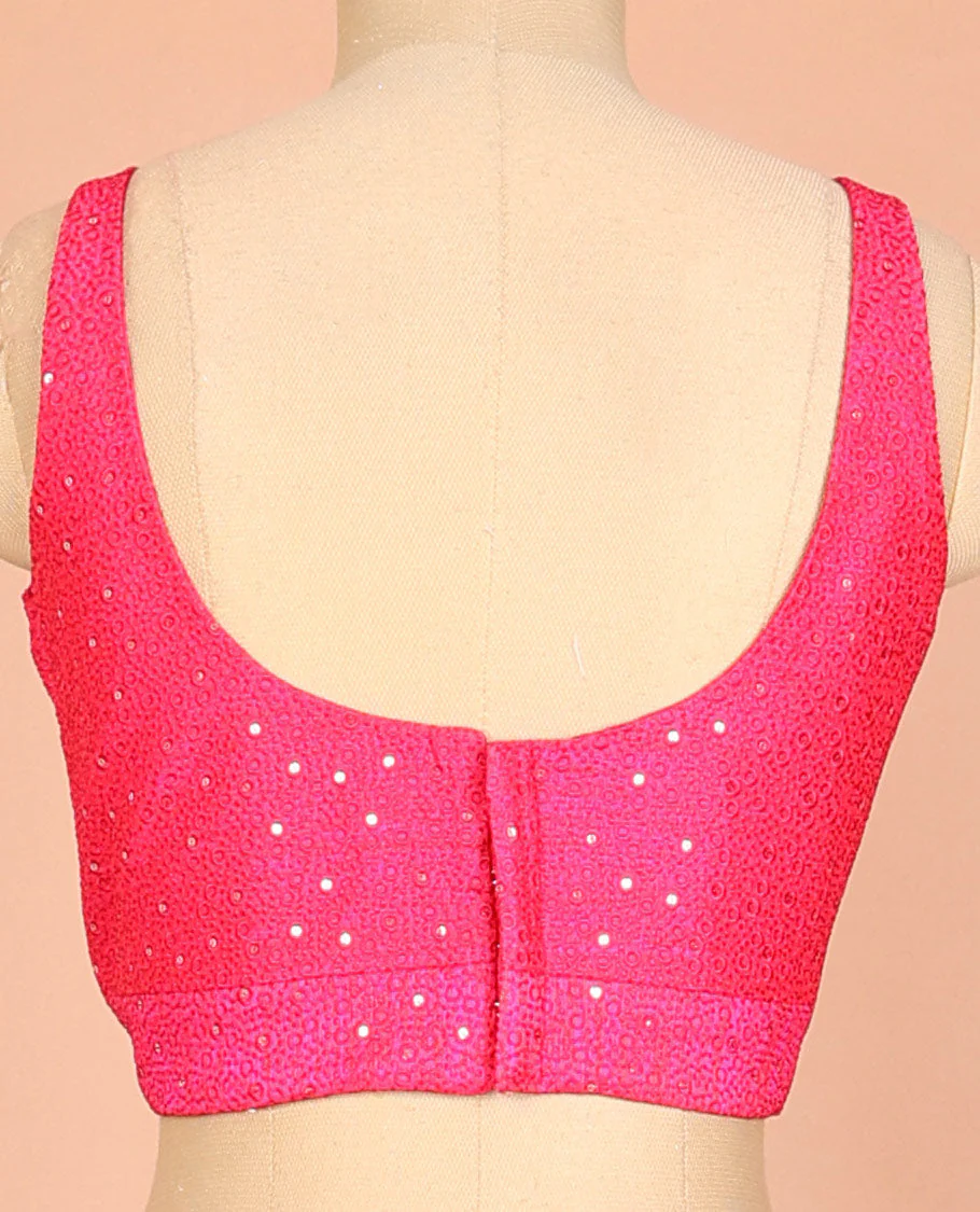 Pink embossed thread embroidery & sequins work sleeveless readymade blouse with deep-V front neck & round back neck - Image 4
