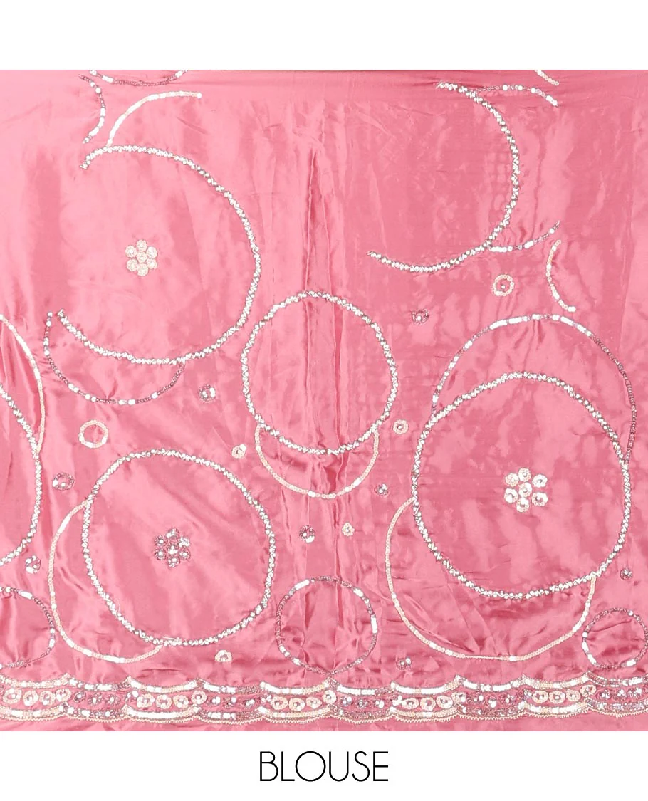 Pink embroidered designer saree features circular-shaped motifs woven in stones & sequins, scallop embroidered border - Image 3