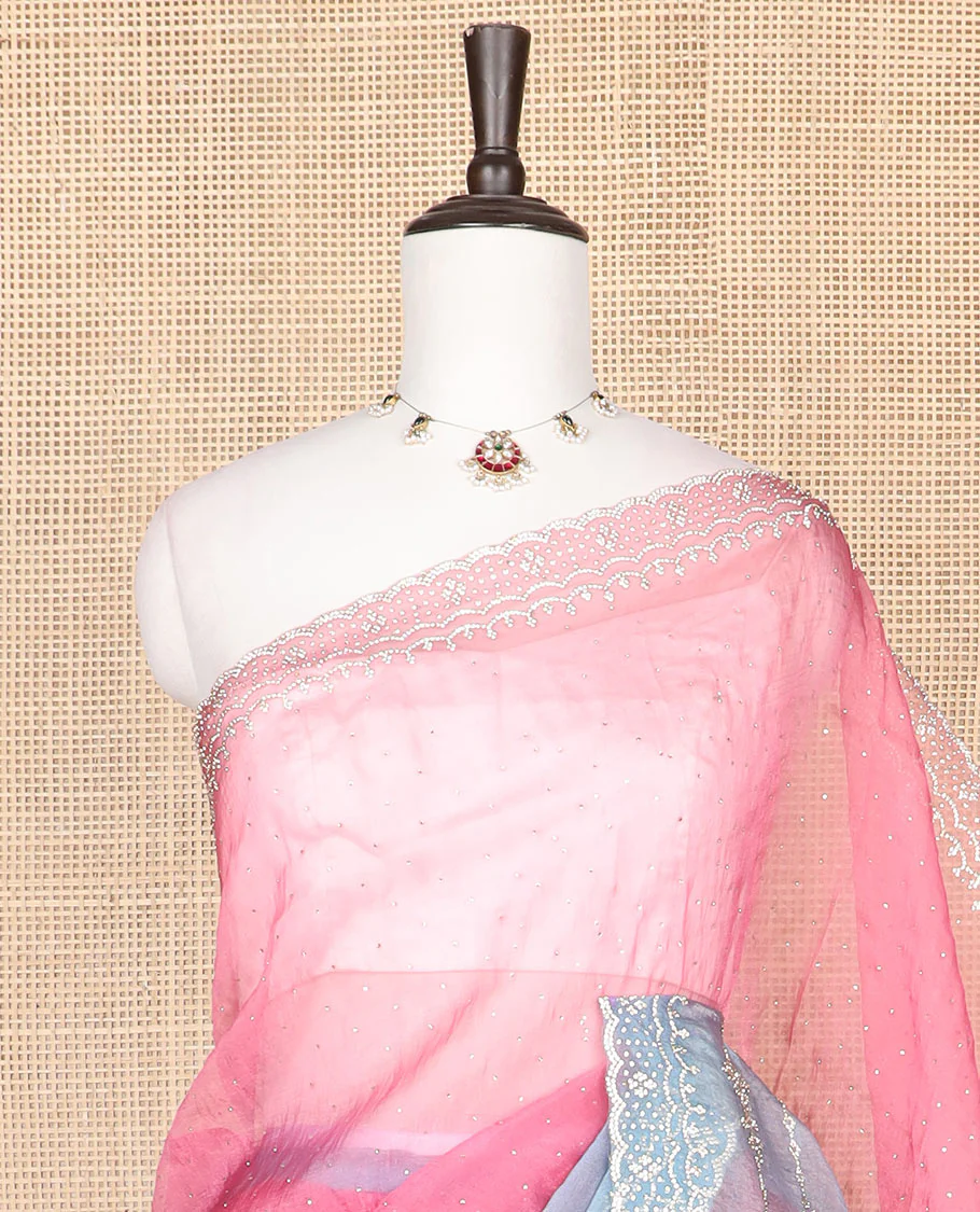 Pink embroidered designer saree with stones embedded in its body, contrast scallop stone work border - Image 2