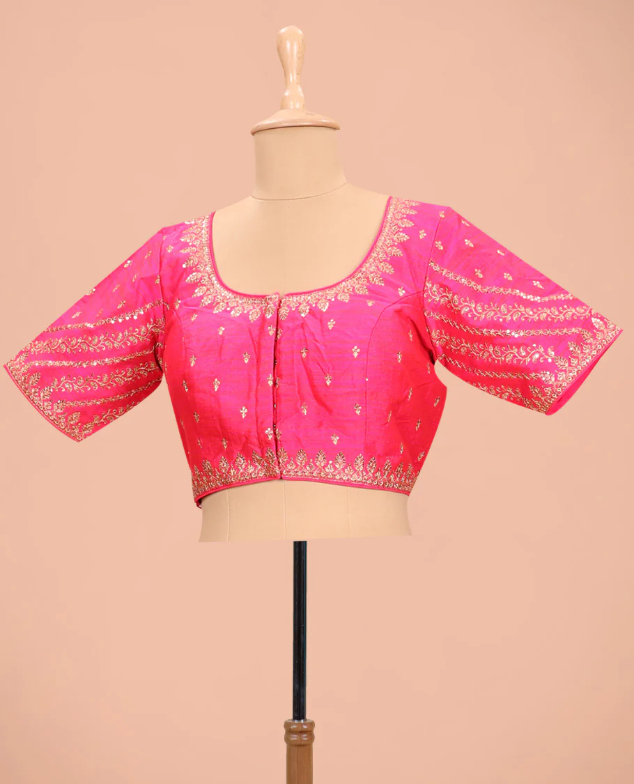 Pink embroidered round neck with elbow sleeve raw-silk blouse