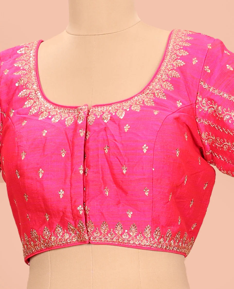 Pink embroidered round neck with elbow sleeve raw-silk blouse - Image 2