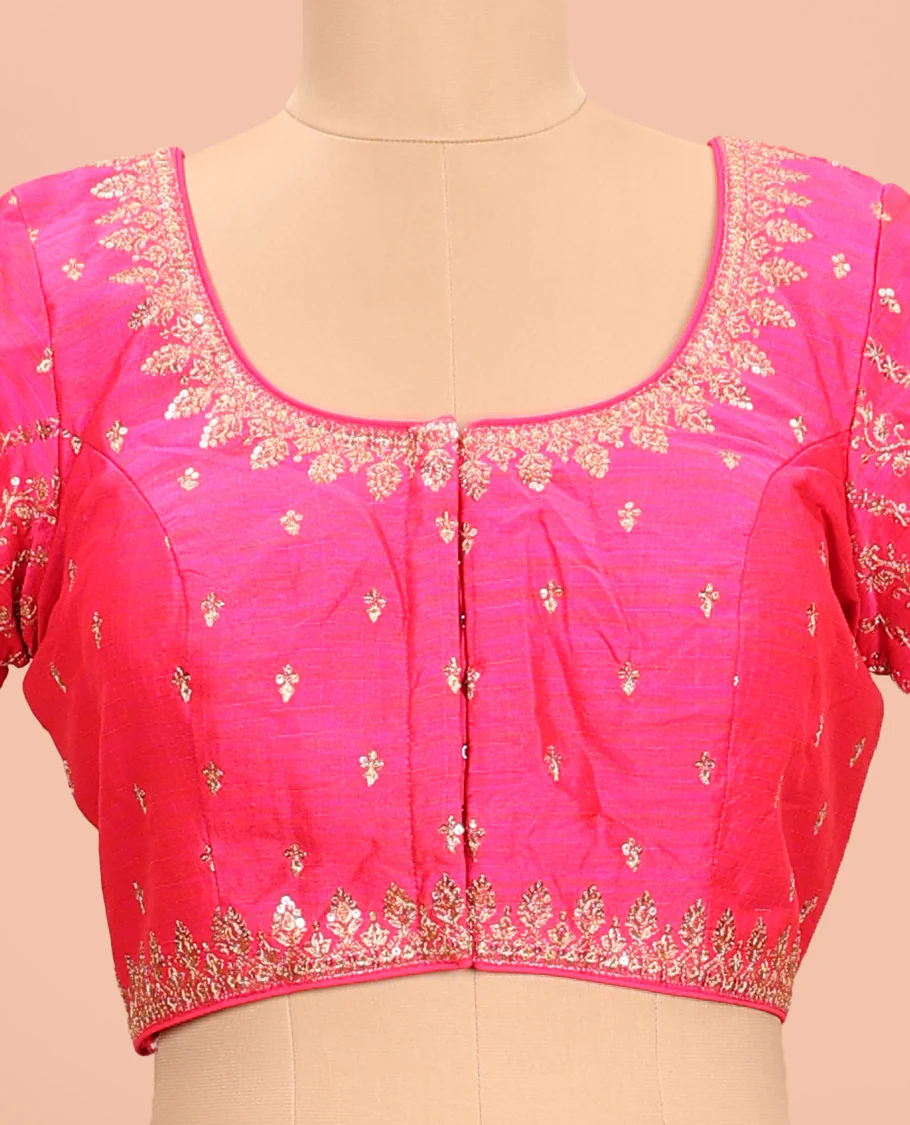 Pink embroidered round neck with elbow sleeve raw-silk blouse - Image 3