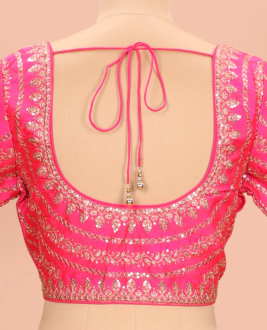 Pink embroidered round neck with elbow sleeve raw-silk blouse - Image 4