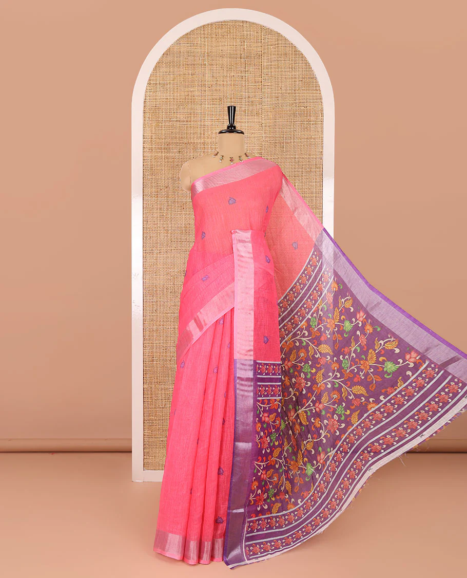 Pink floral buttas printed linen cotton saree, zari border, contrast kalamkari floral vine printed pallu, and kalamkari floral vine printed blouse