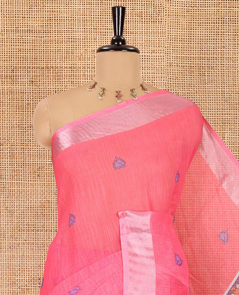 Pink floral buttas printed linen cotton saree, zari border, contrast kalamkari floral vine printed pallu, and kalamkari floral vine printed blouse - Image 2