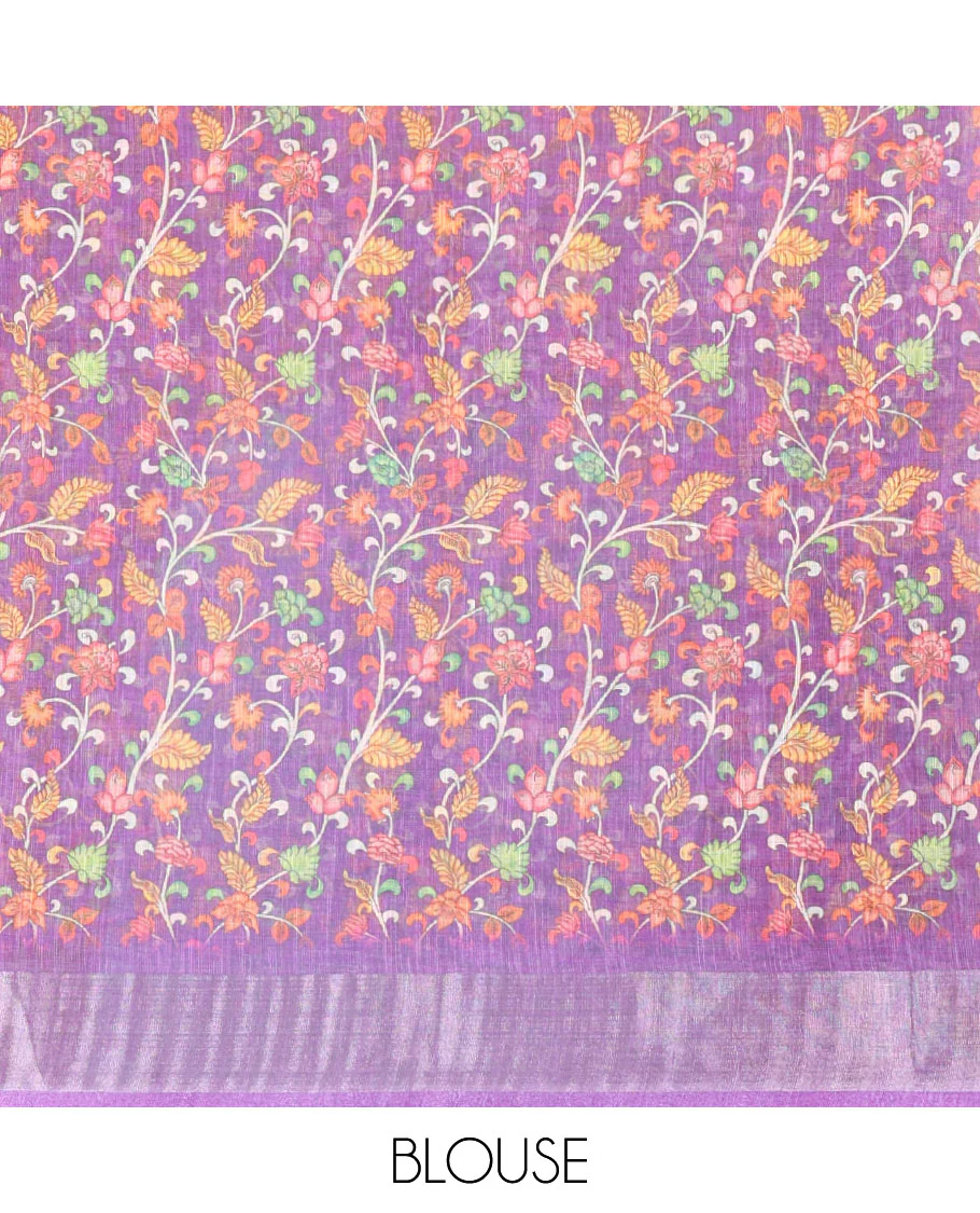 Pink floral buttas printed linen cotton saree, zari border, contrast kalamkari floral vine printed pallu, and kalamkari floral vine printed blouse - Image 3