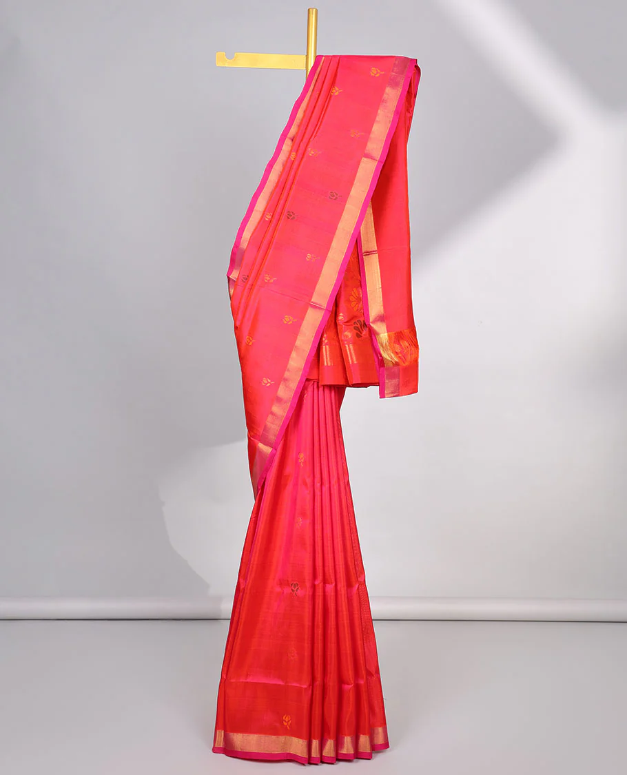 Red floral buttas uppada silk saree with contrast zari border & floral design pallu - Image 2
