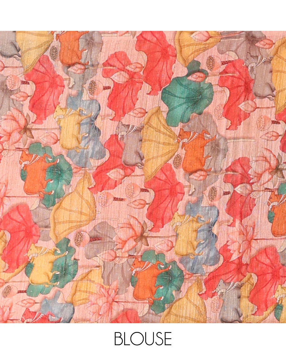 Pink floral design tussar silk saree with self pichwai design border & pichwai design pallu - Image 6