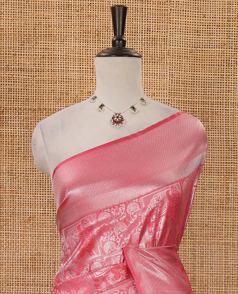 Pink floral & elephant jacquard softy saree, diamond design zari border, intricate pallu & matching jacquard blouse - Image 3
