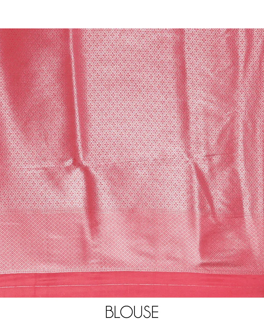 Pink floral & elephant jacquard softy saree, diamond design zari border, intricate pallu & matching jacquard blouse - Image 4