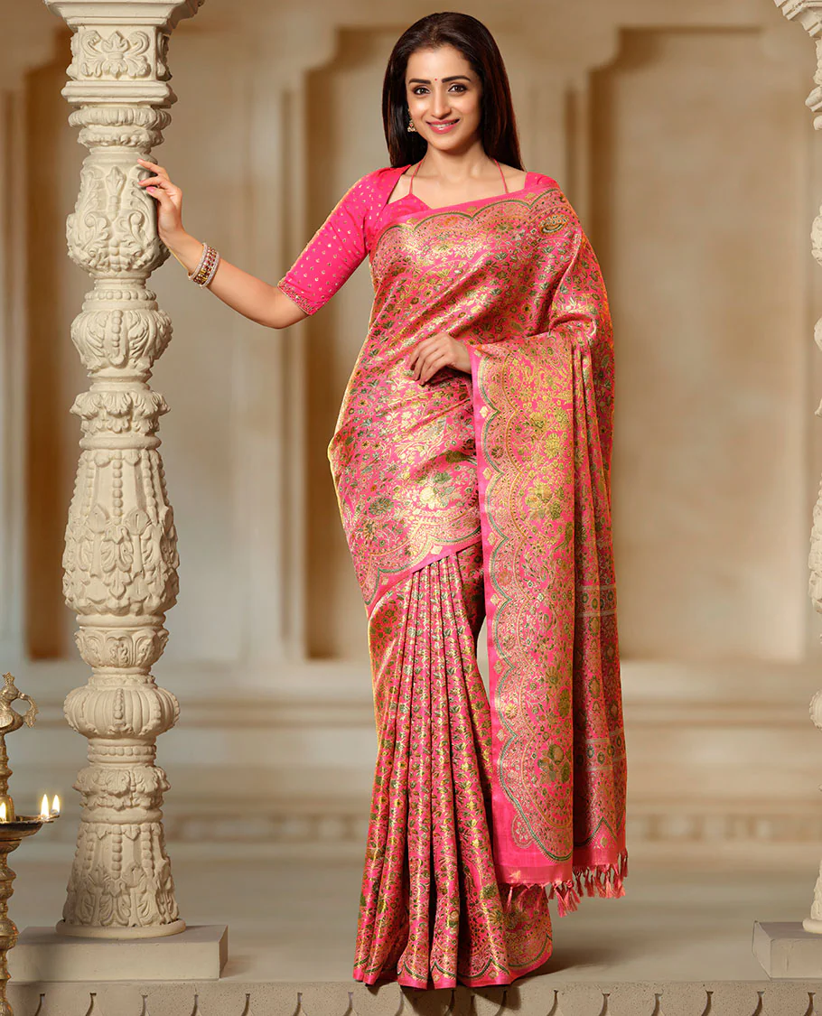 Pink floral jaal meenakari jacquard Samudrika silk saree, scallop zari floral creeper design & meenakari floral design pallu