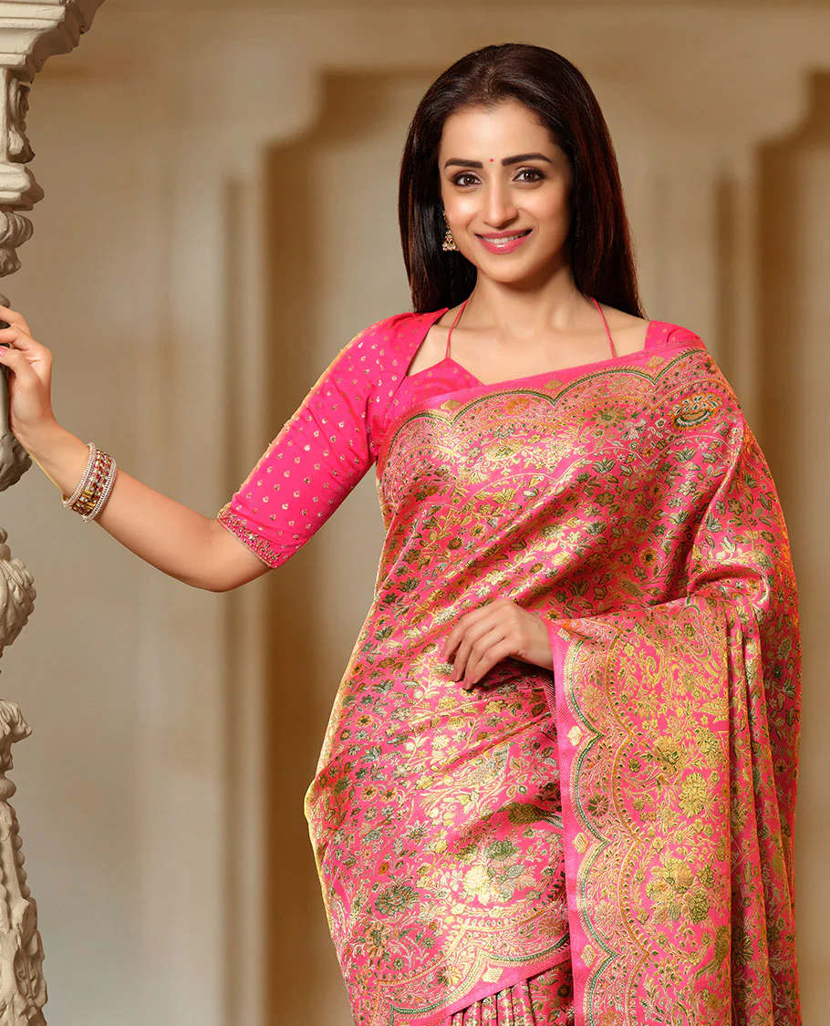 Pink floral jaal meenakari jacquard Samudrika silk saree, scallop zari floral creeper design & meenakari floral design pallu - Image 2